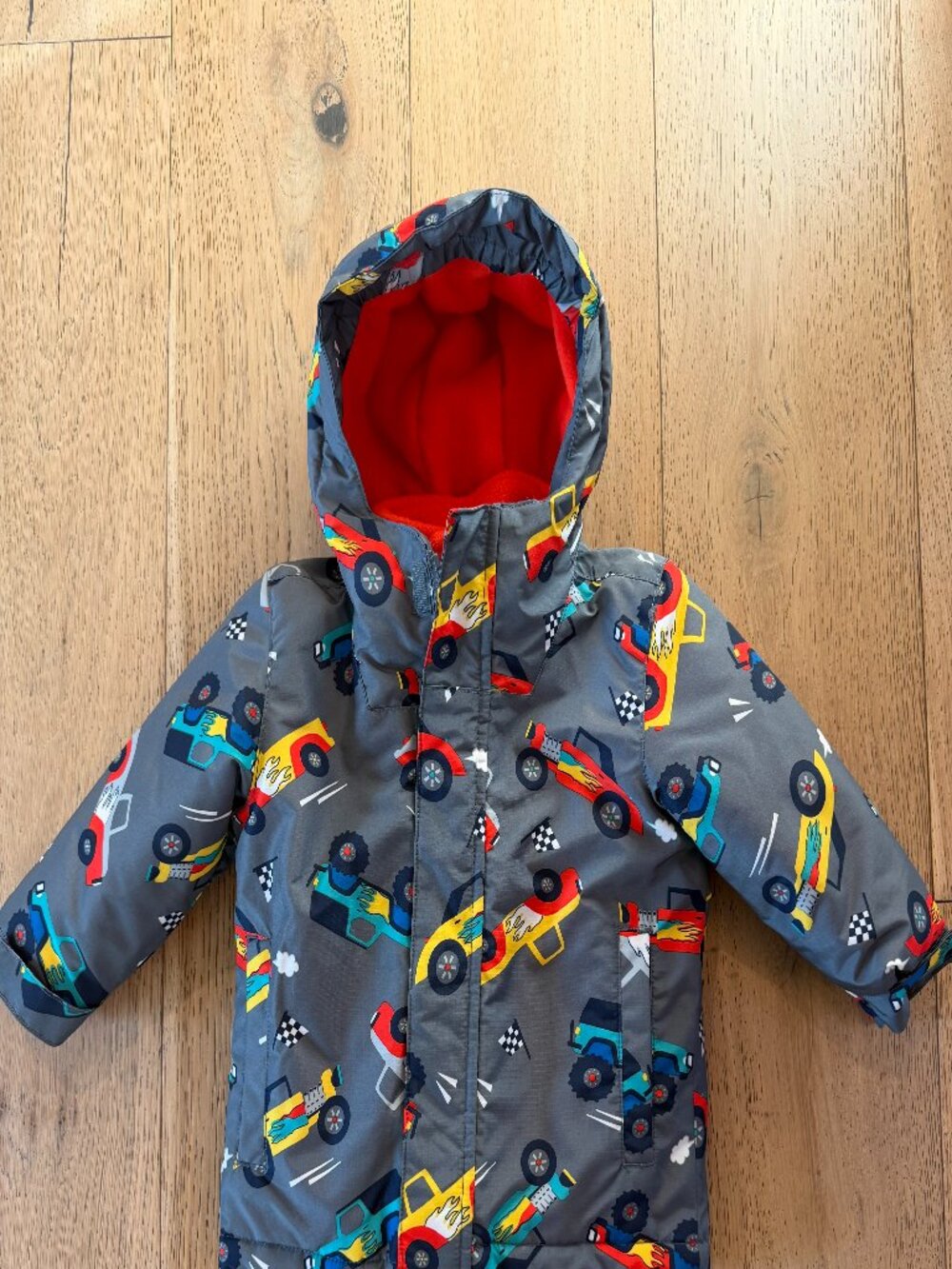 The Childrens Place Kids Gray Race Car Print Hooded WInter Jacket